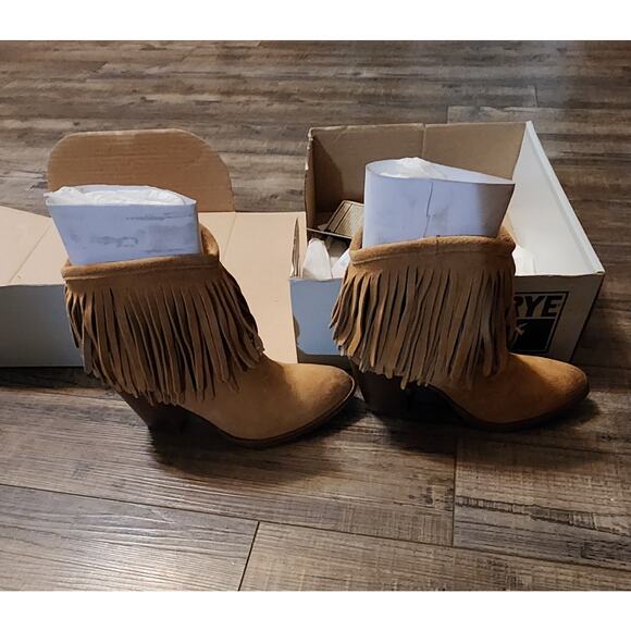 FRYE Womens Size 7.5 Pre-owned Tan Suede Fringe Heeled Ankle Boots Bootie. X - Picture 6 of 16